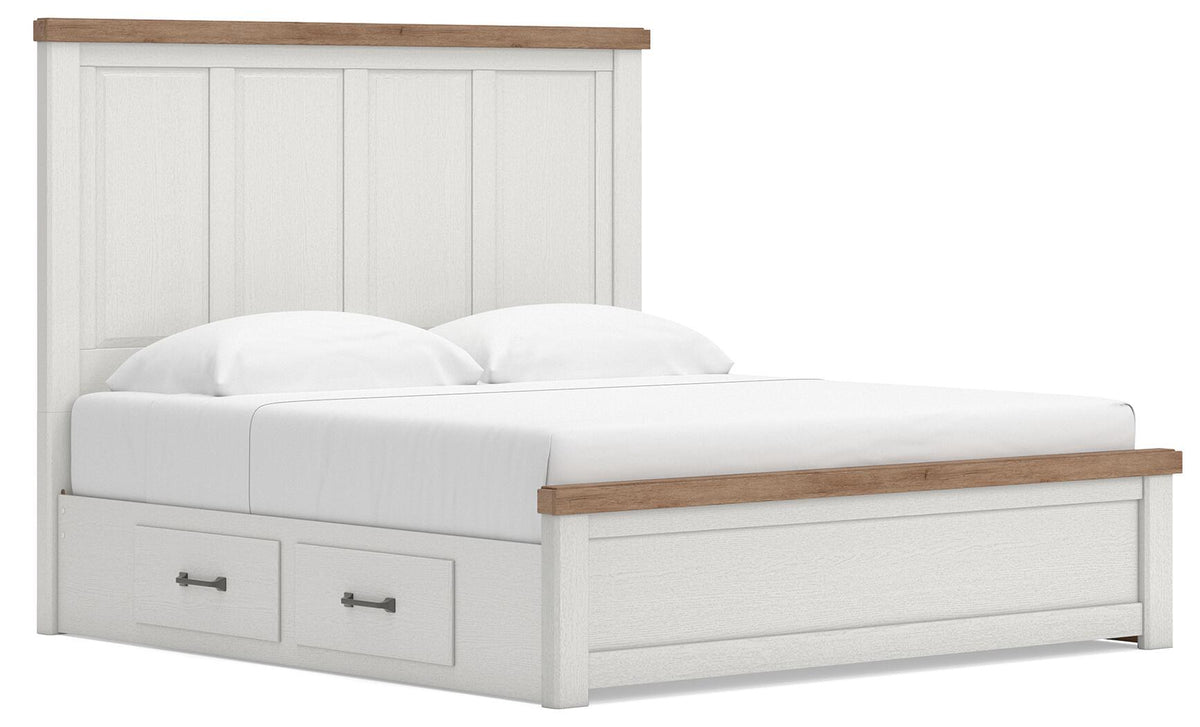 White panel storage bed with two drawer fronts and wood-look top rail