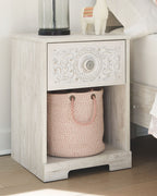 Whitewash night stand with open shelf and decorative carved one-drawer front