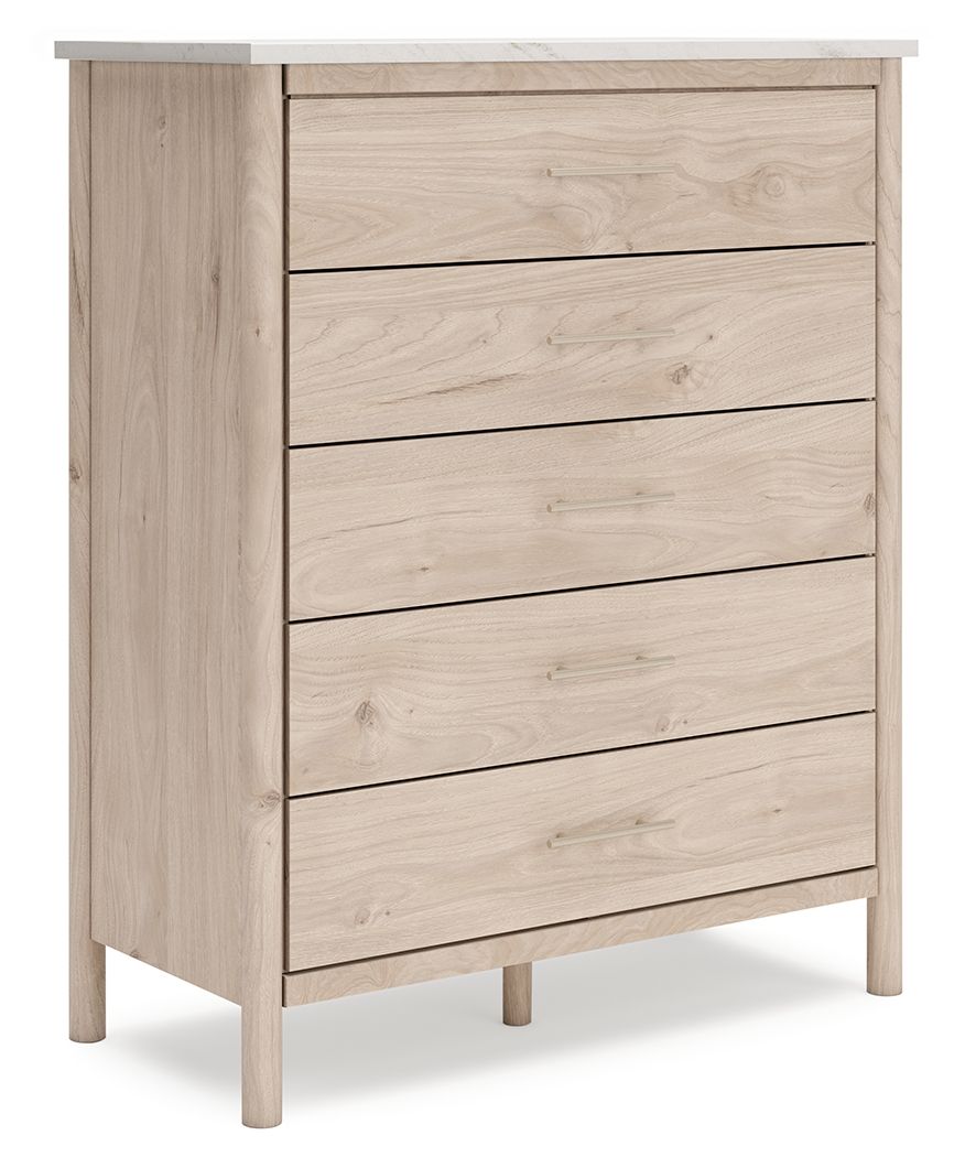 Wide chest with five light-beige drawers, dark horizontal trim, and tapered legs