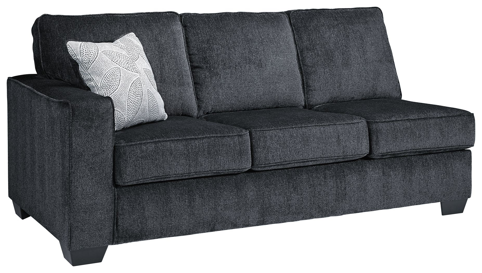 Slate gray full sofa sleeper with padded arms and three back cushions
