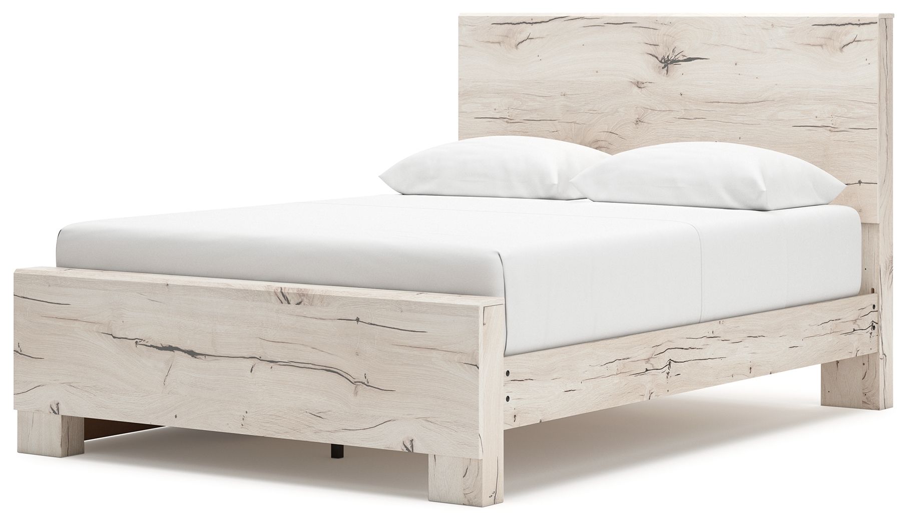 Light beige panel storage bed with upholstered headboard and front drawer panel