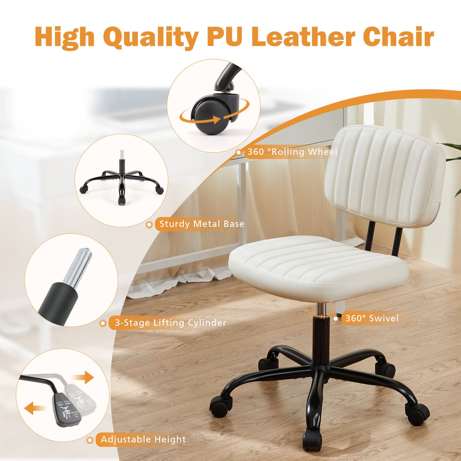 Low Back Task Chair, PU Leather- White