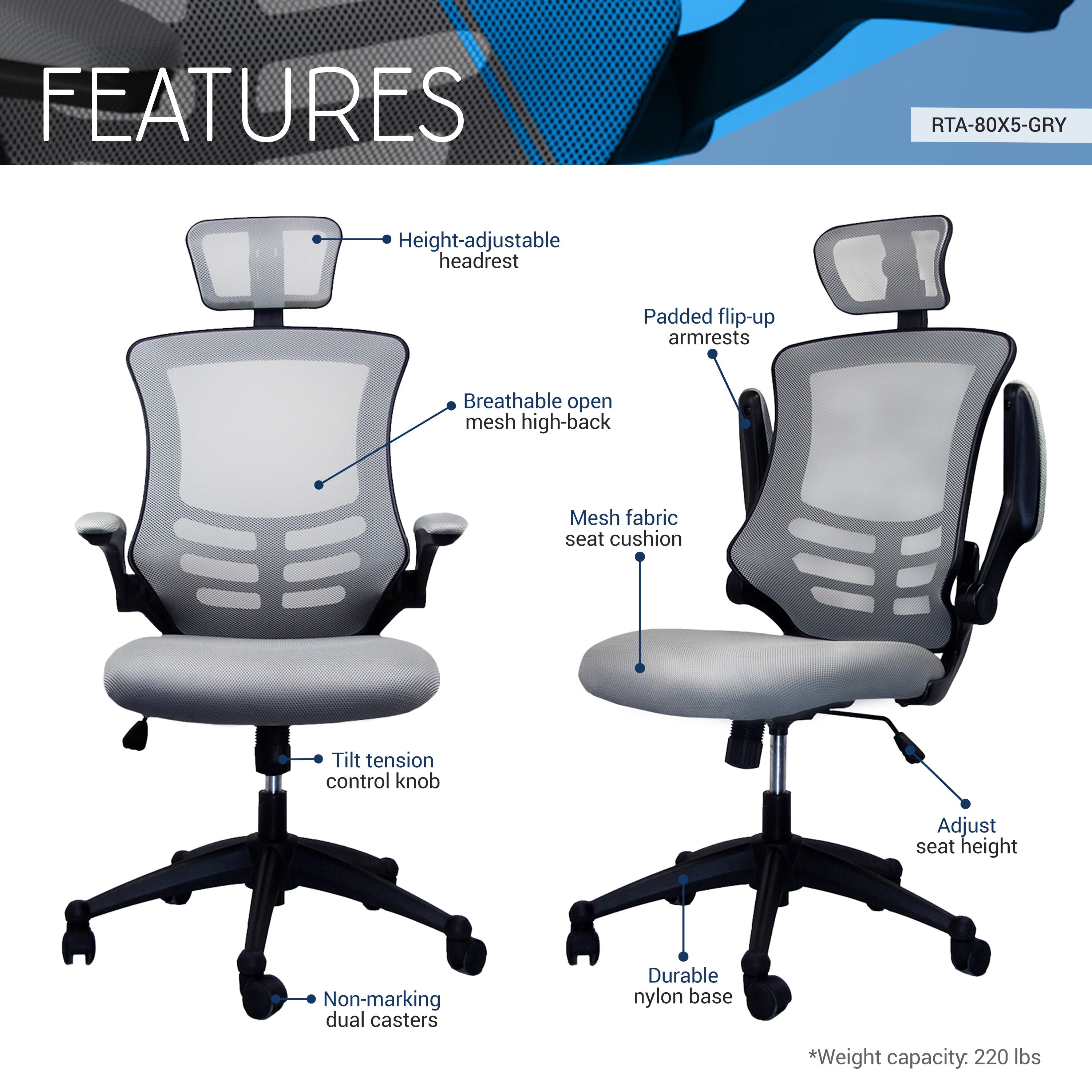 High-Back Mesh Office Chair with Headrest & Flip-Up Arms