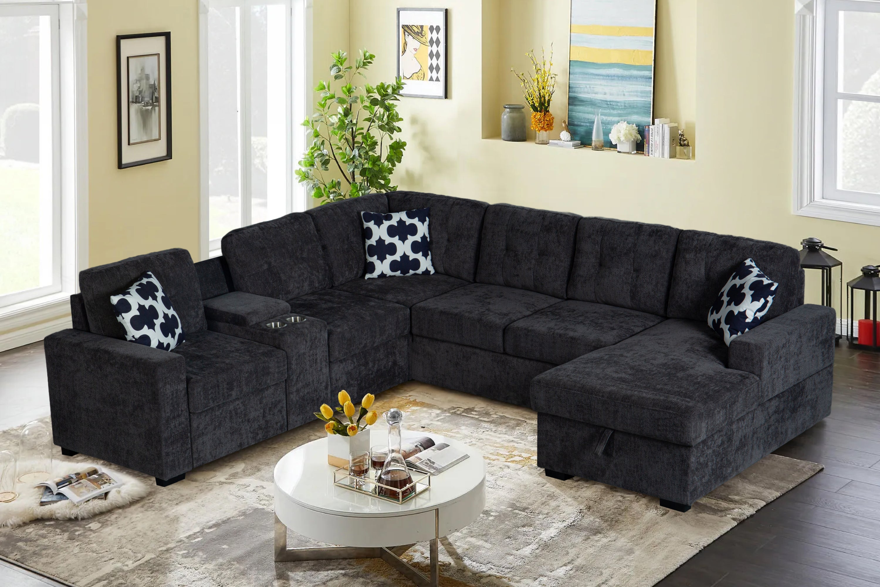 Modular L-Shaped Sofa with Storage, Cupholders & Convertible