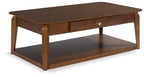 Rectangular cocktail table in medium brown wood with lower shelf and front drawer