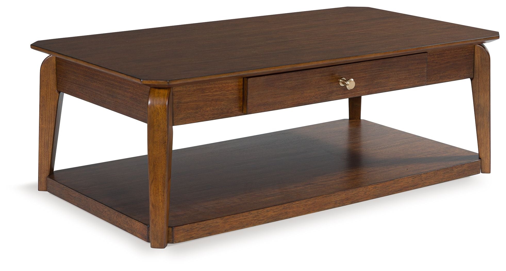 Rectangular cocktail table in medium brown wood with lower shelf and front drawer