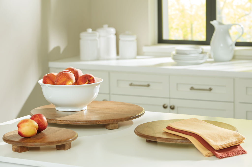 Kaidler brown wooden tray set of three rounds with fruit and fabric wrap
