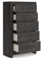 Dark gray five-drawer chest with drawers open, showing interior and metal bar pulls