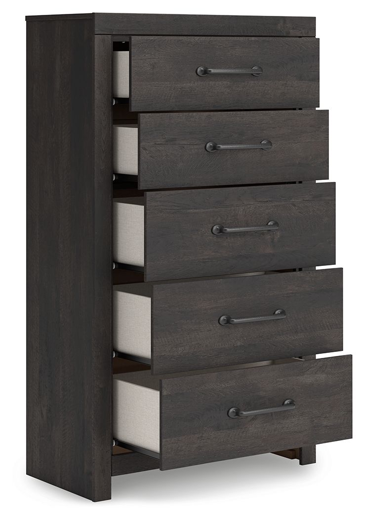 Dark gray five-drawer chest with drawers open, showing interior and metal bar pulls