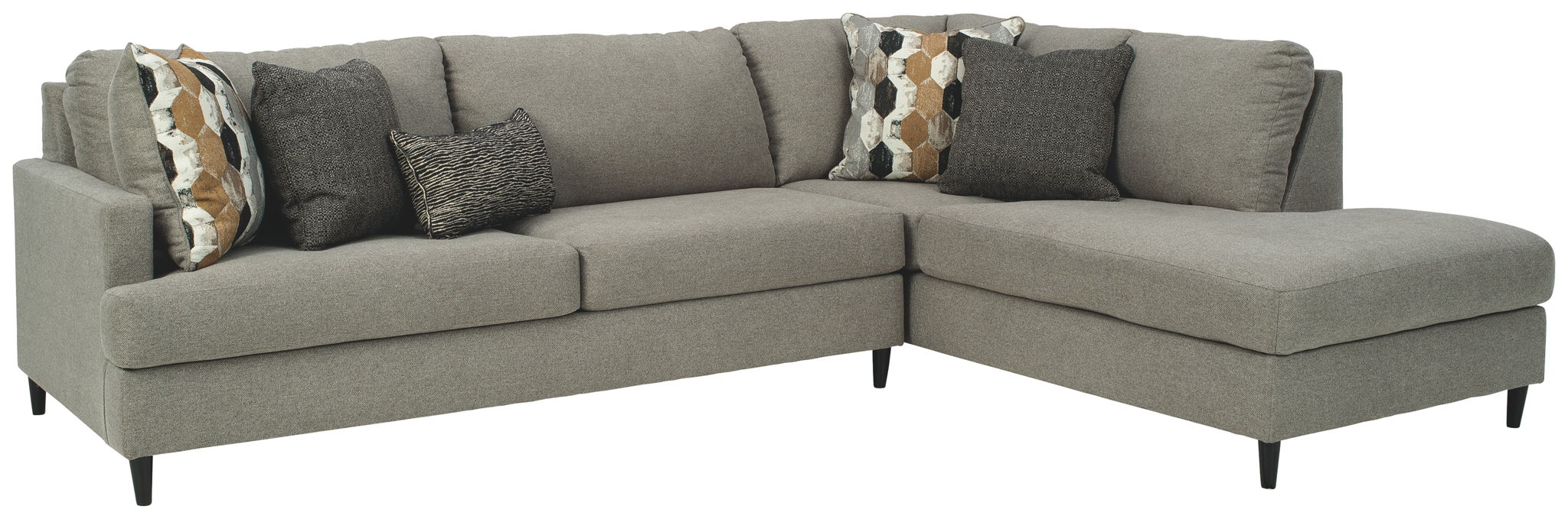 Granite gray sectional sofa with chaise, tapered legs, and multiple back cushions