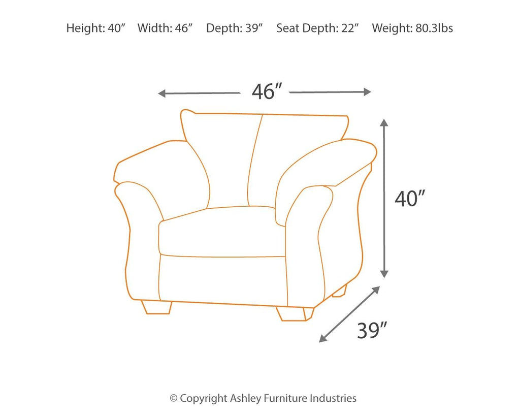 Arm chair size diagram showing height 40 in, width 46 in, depth 39 in
