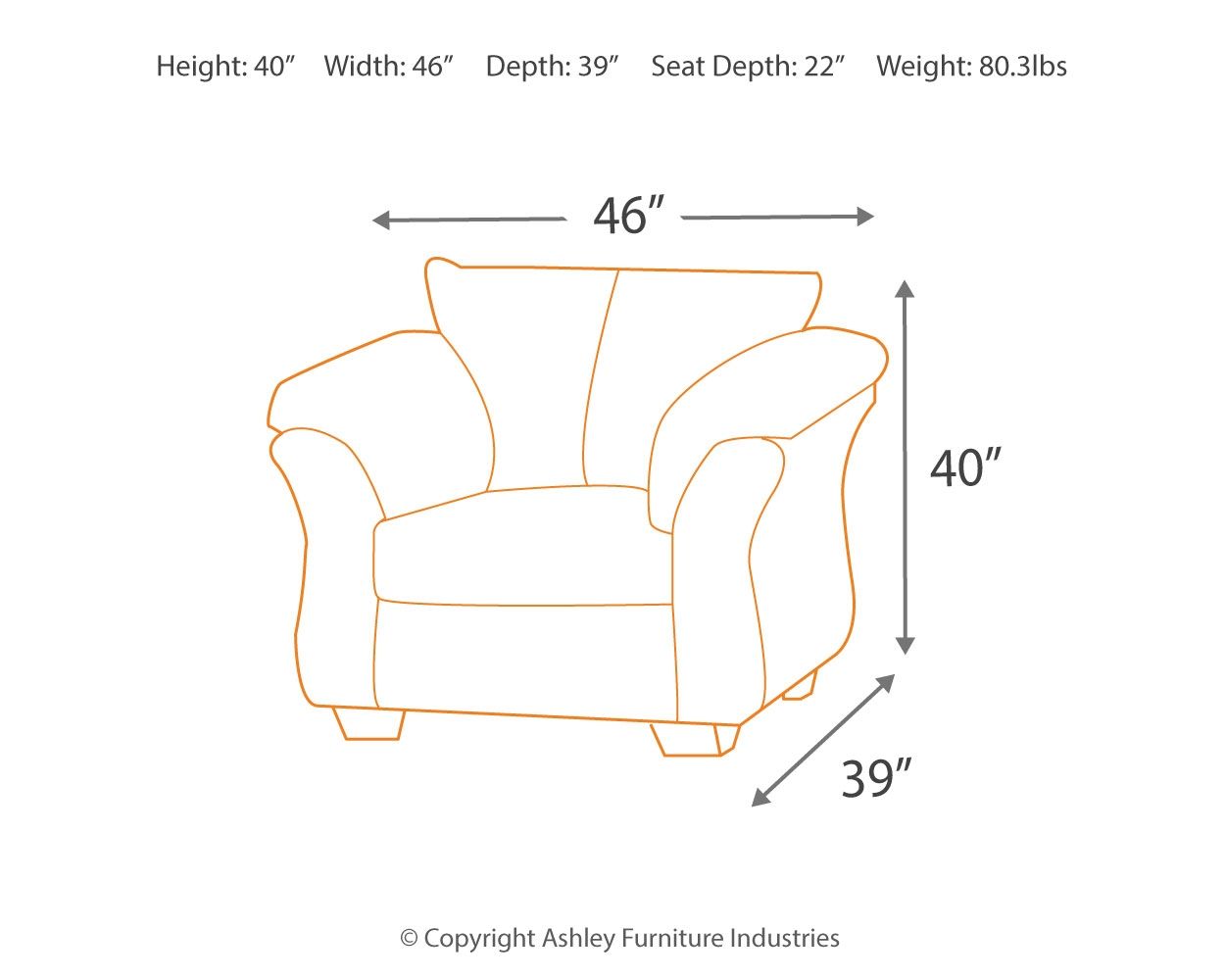 Arm chair size diagram showing height 40 in, width 46 in, depth 39 in