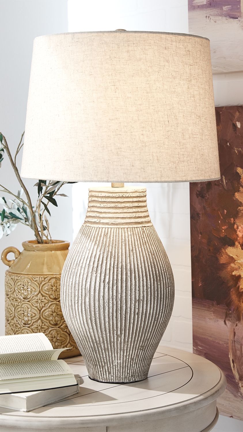Layal paper table lamp with beige shade and textured ribbed base