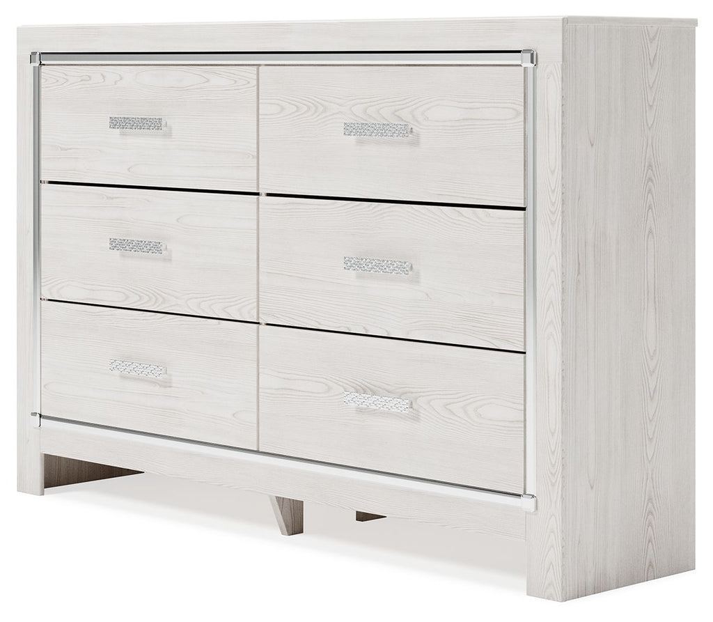 White dresser with mirror, side view showing six drawers and silver pull hardware