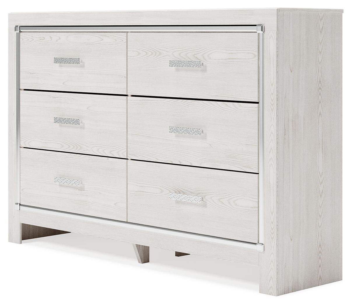 White dresser with mirror, side view showing six drawers and silver pull hardware