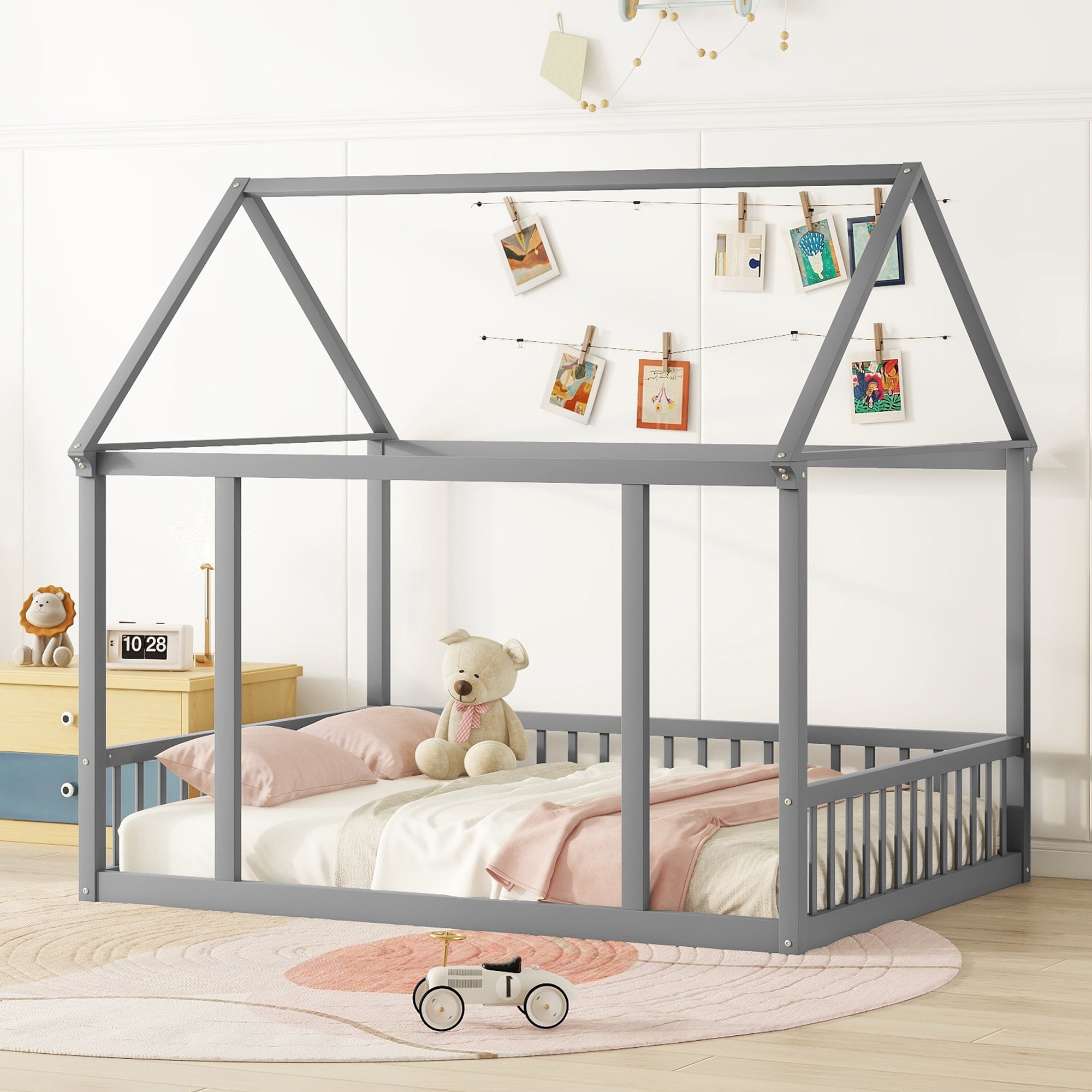 Gray Full Size Wooden Floor House Bed with Guardrails