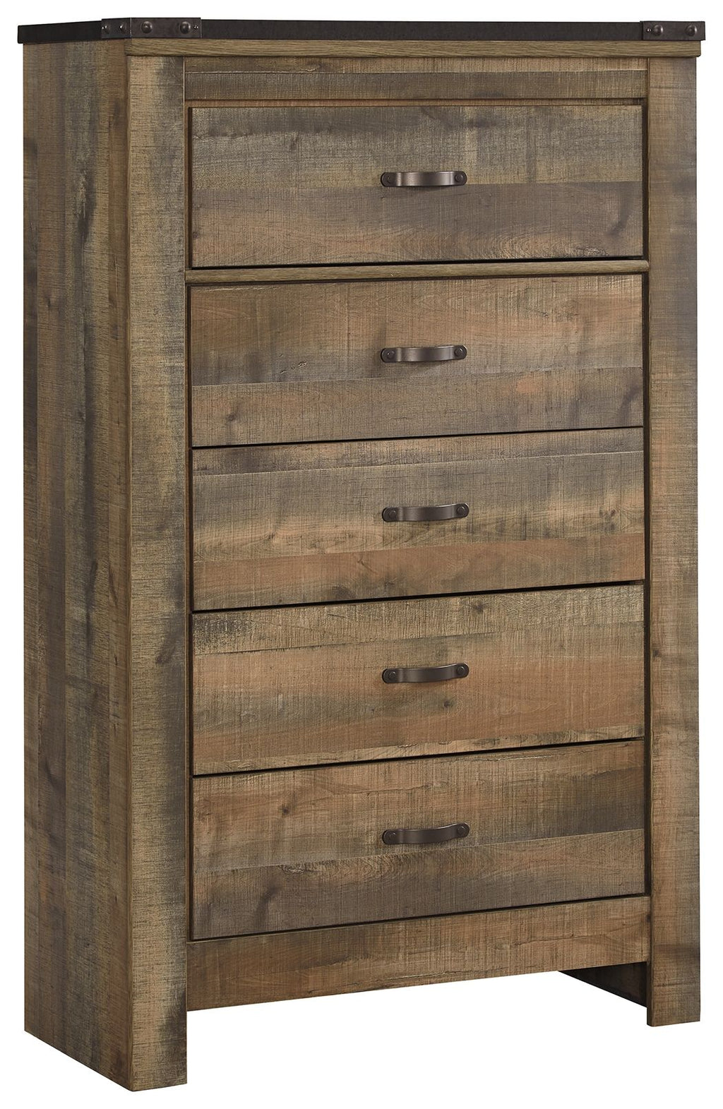 Brown five-drawer chest with metal bar pulls and woodgrain front panels