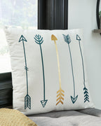Gyldan pillow cover in white with teal and gold arrow and leaf print, square throw