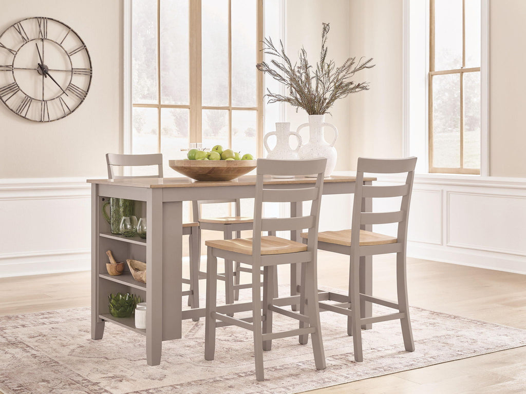 Dining set with table and four bar stools in light gray and natural wood
