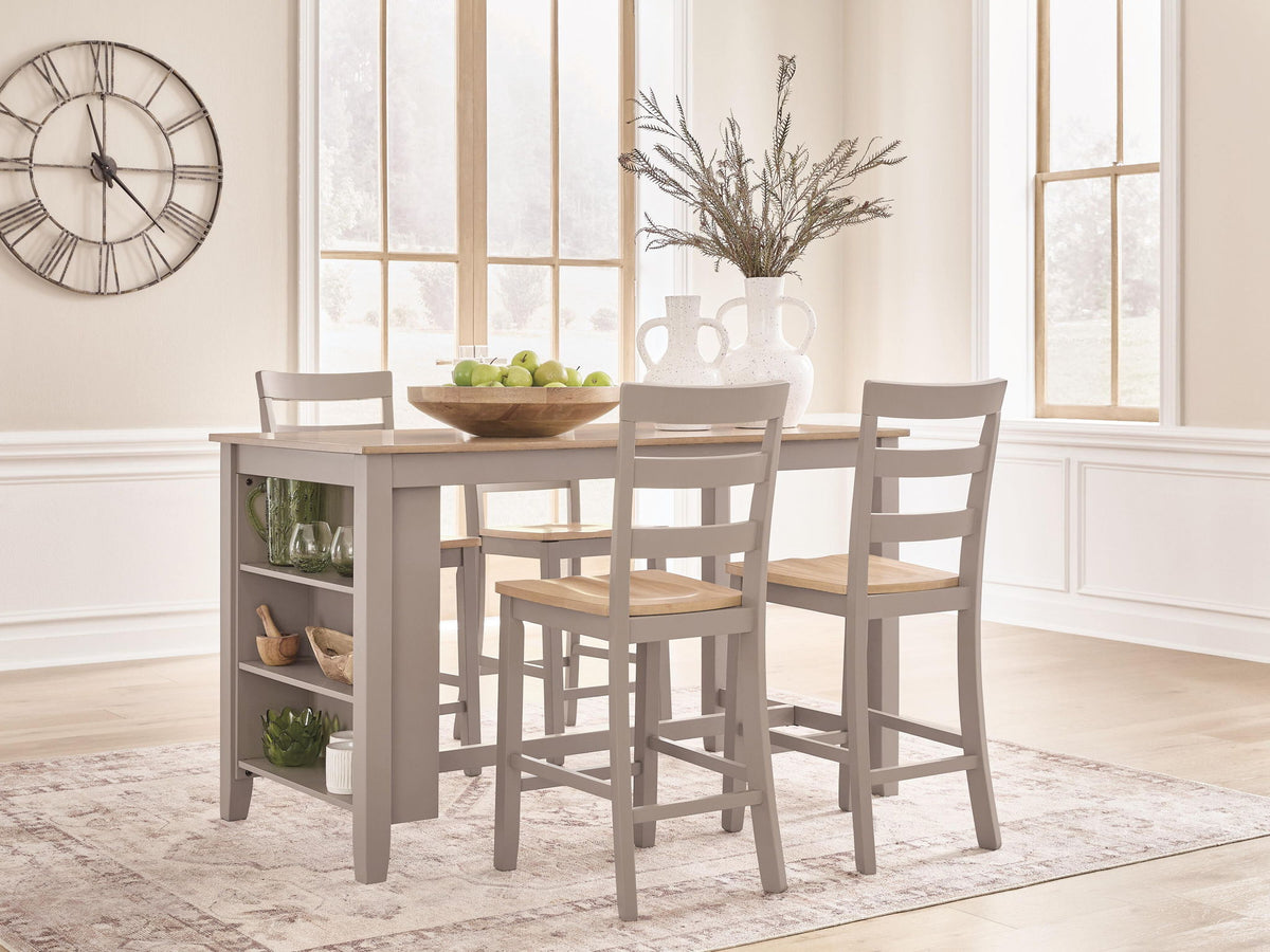 Dining set with table and four bar stools in light gray and natural wood