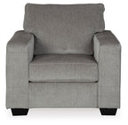 Gray fabric arm chair with tall backrest, padded arm panels, and upholstered seat