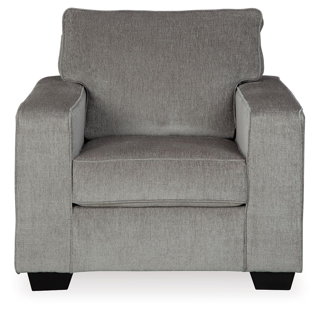 Gray fabric arm chair with tall backrest, padded arm panels, and upholstered seat
