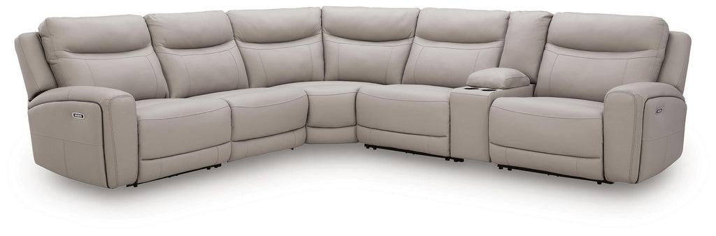 Gray power reclining sectional sofa front view with multiple reclining seat sections