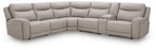 Gray power reclining sectional sofa front view with multiple reclining seat sections