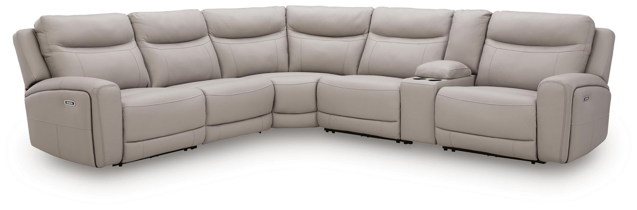 Gray power reclining sectional sofa front view with multiple reclining seat sections