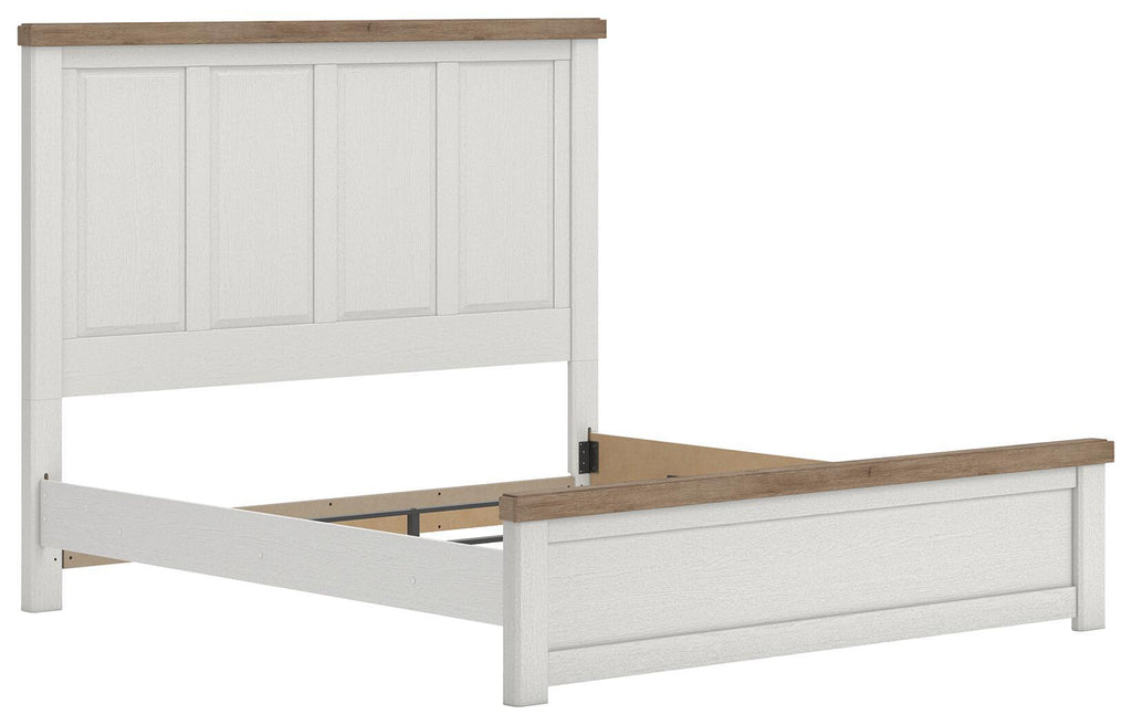 White panel bed frame with vertical paneled headboard and wood-tone rail accents.
