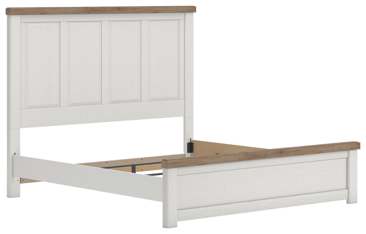 White panel bed frame with vertical paneled headboard and wood-tone rail accents.