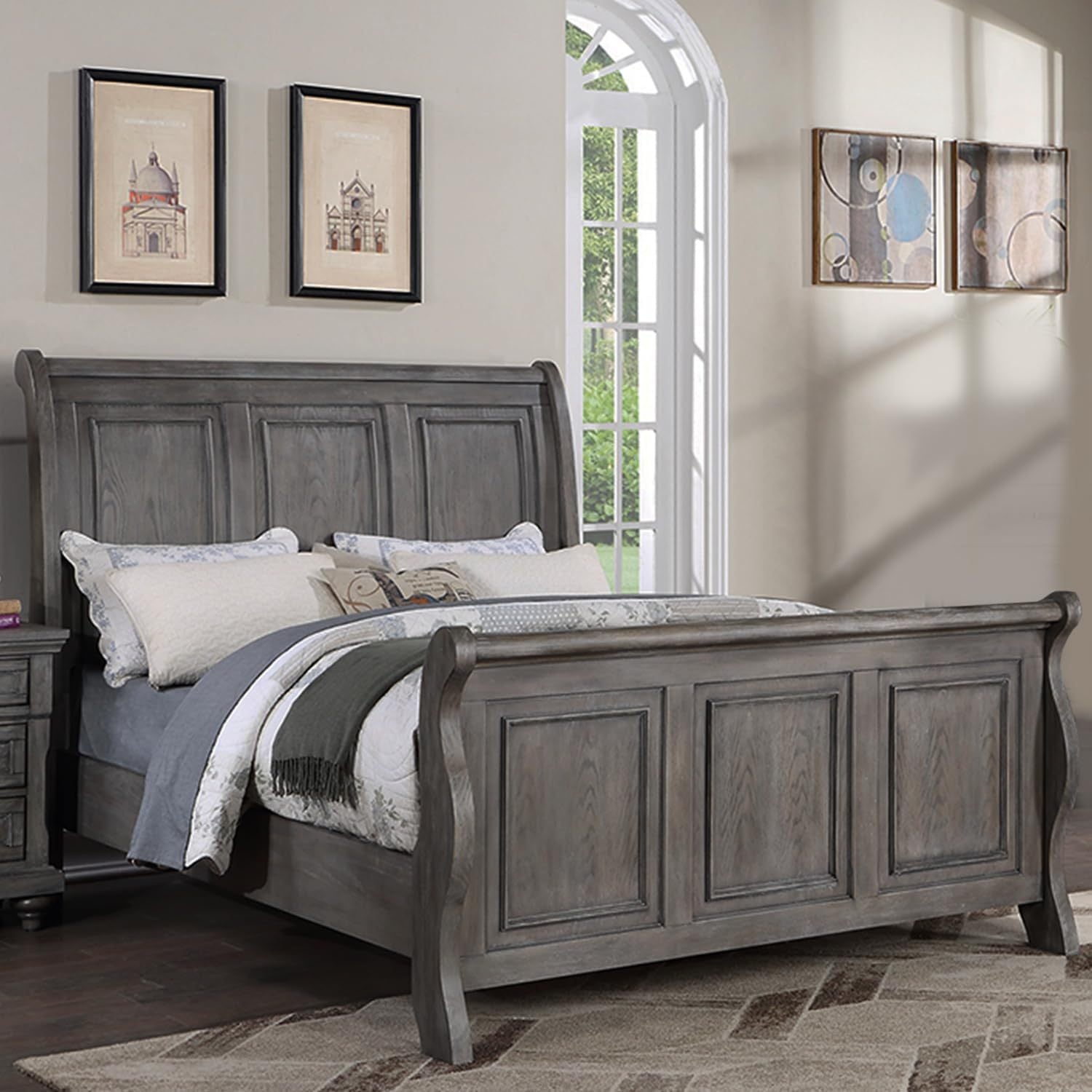 Grey Oak Queen Sleigh Bed | Panel Headboard | Elegant Bedroom Furniture