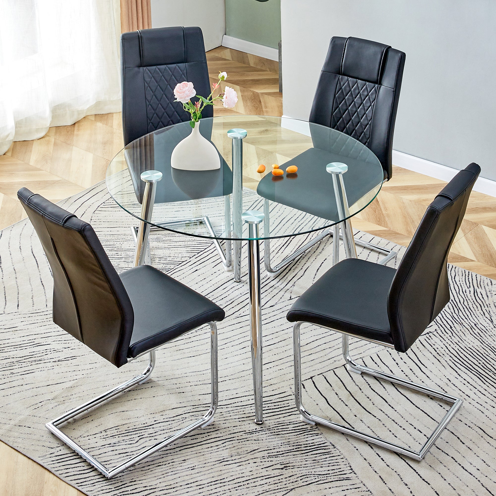 5-Piece Round Dining Table Set w/ 4 Black Chairs