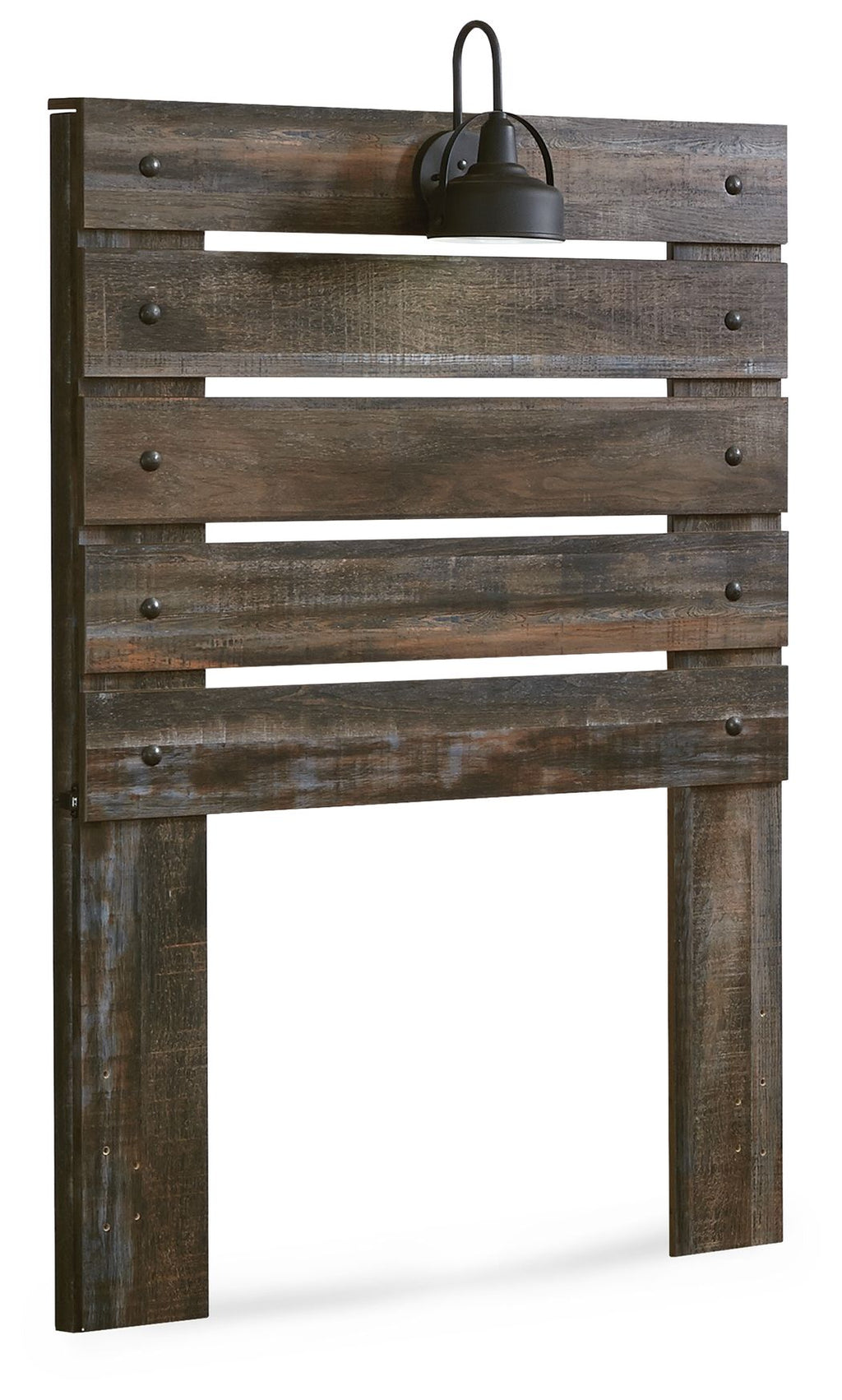 Dark brown panel headboard with horizontal slats and black light fixture, front view