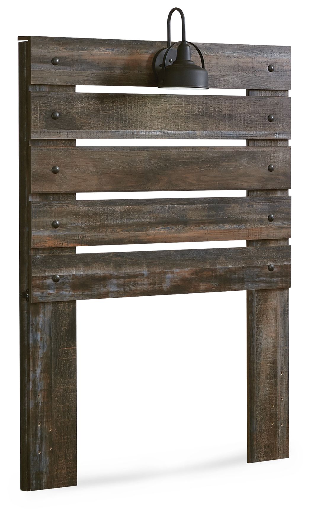 Dark brown panel headboard with horizontal slats and black light fixture, front view