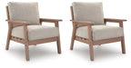 Set of 2 lounge chairs with beige upholstered cushions and light driftwood wood frames