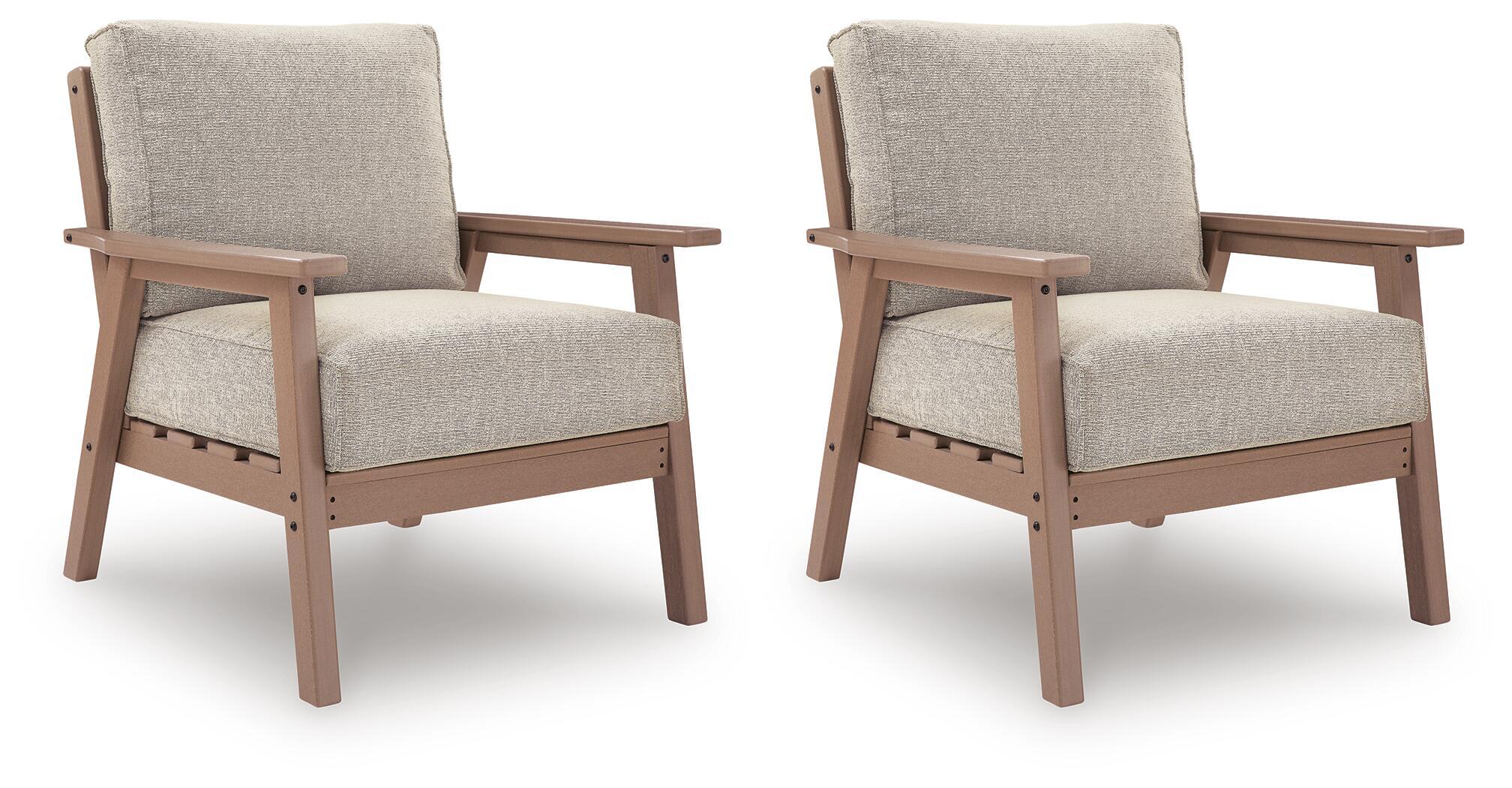 Set of 2 lounge chairs with beige upholstered cushions and light driftwood wood frames