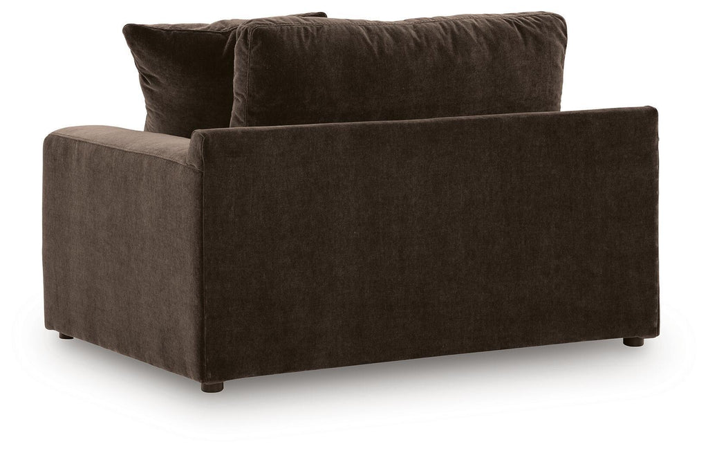 Maxton Heights chair and a half in dark brown, front view with two back pillows
