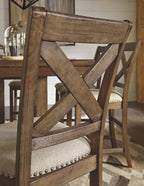 Close-up of a cross-back bar stool frame with upholstered seat
