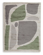Abstract gray and olive rug with beige base and geometric shapes, short pile