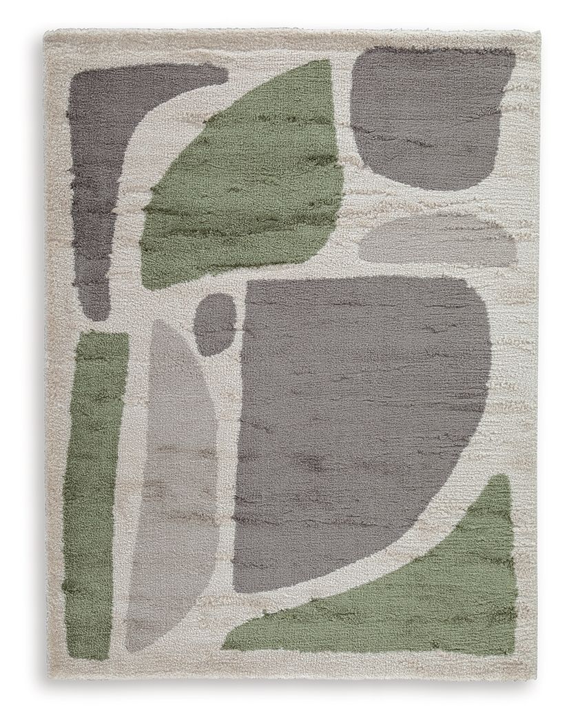 Abstract gray and olive rug with beige base and geometric shapes, short pile