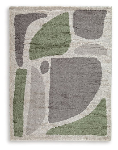 Abstract gray and olive rug with beige base and geometric shapes, short pile