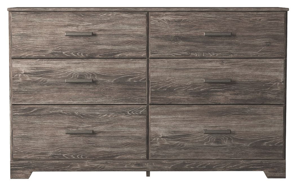 Gray 6-drawer dresser with two-door center section and bar handles