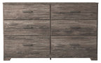 Gray 6-drawer dresser with two-door center section and bar handles