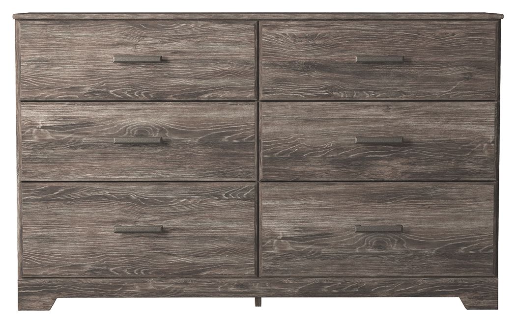 Gray 6-drawer dresser with two-door center section and bar handles