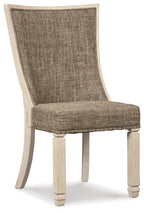 Upholstered dining side chair with curved lattice back, brown upholstery, light wood legs