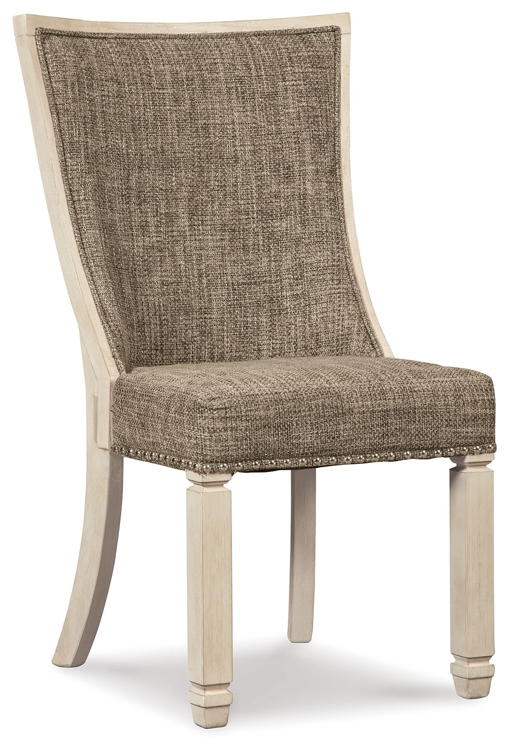 Upholstered dining side chair with curved lattice back, brown upholstery, light wood legs