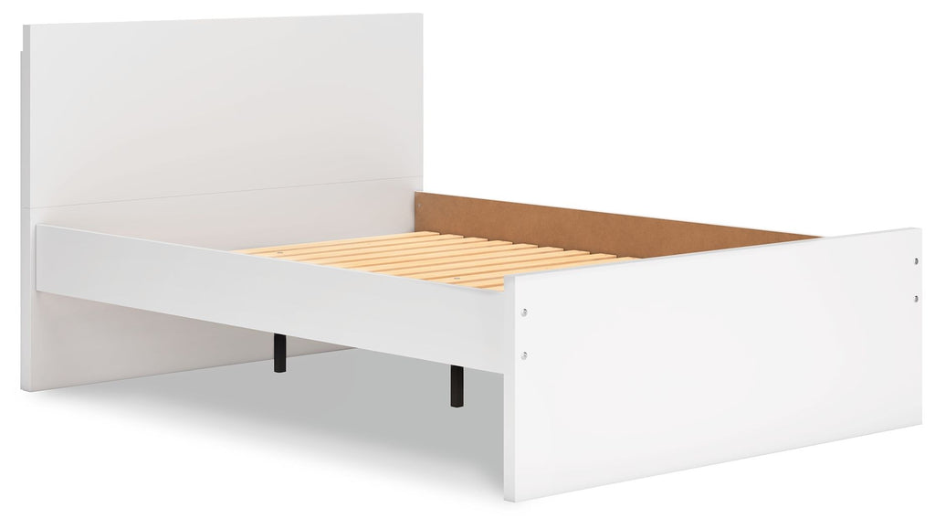 White panel platform bed with open under-bed storage and slatted interior.
