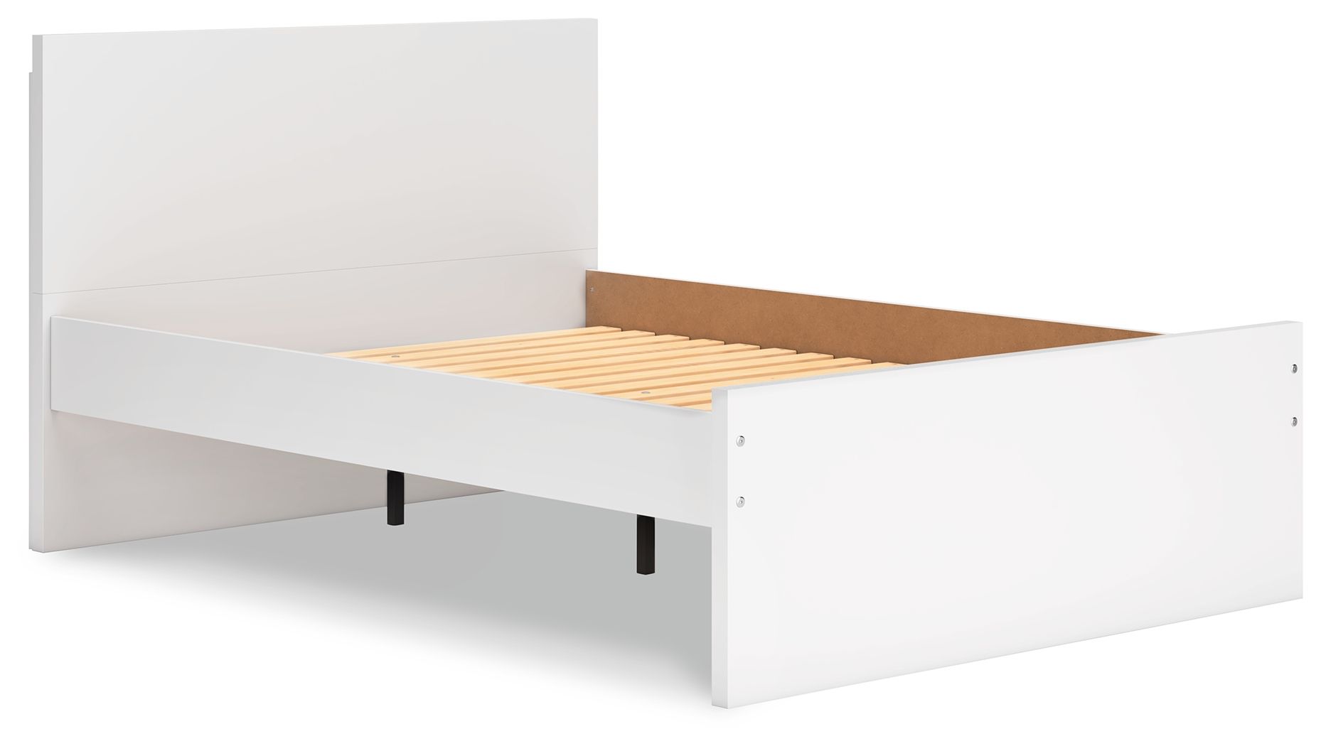 White panel platform bed with open under-bed storage and slatted interior.