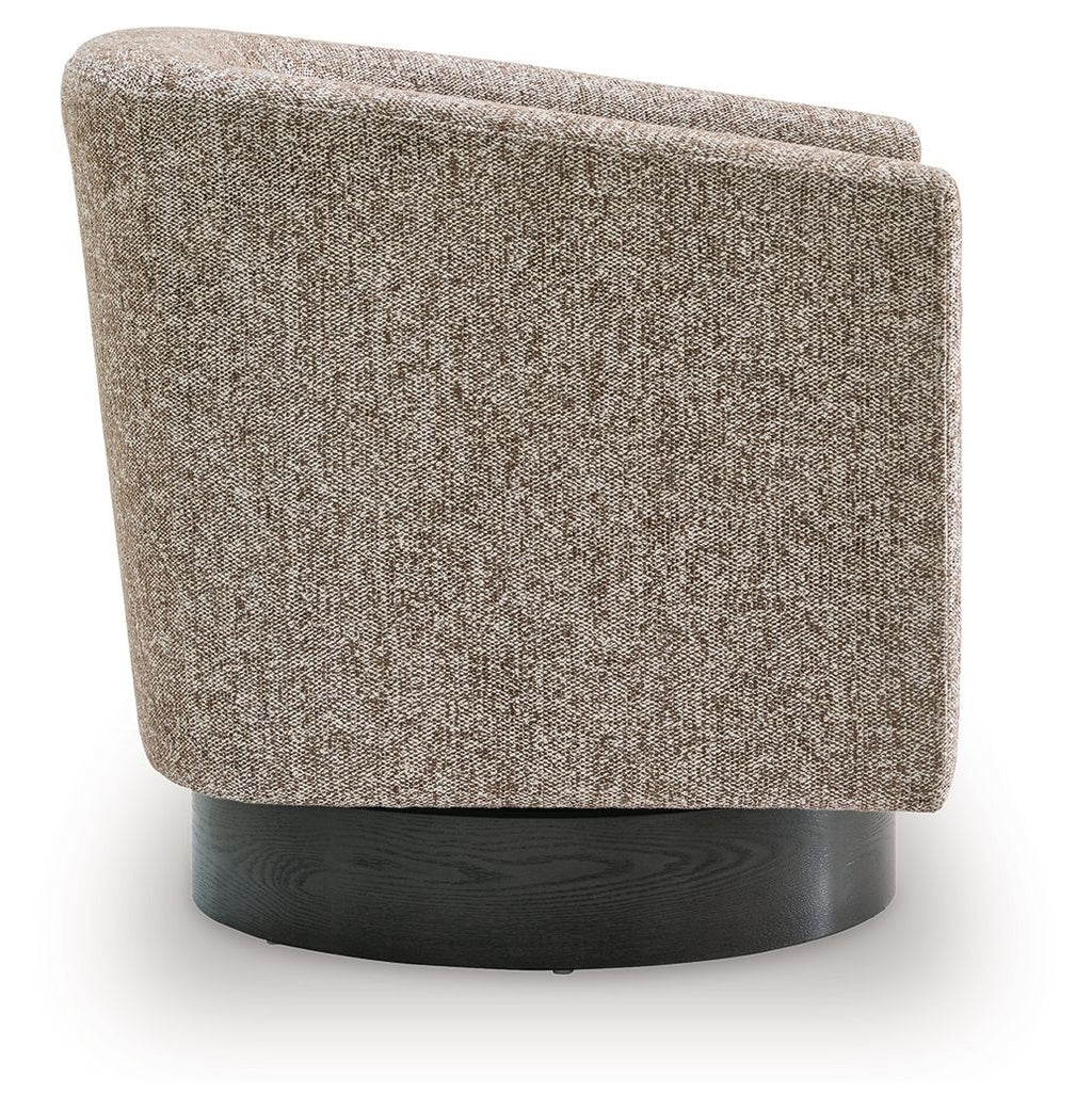 Gray upholstered accent chair, side view with rounded back and black circular base